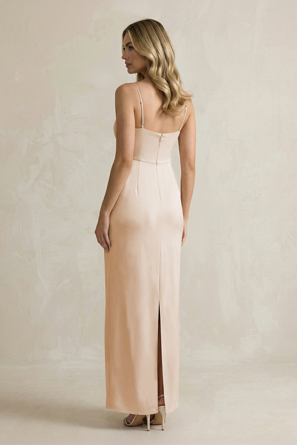 Sheath Spaghetti Straps Satin Bridesmaid Dress in Golden Champagne - KISS BRIDAL Bridesmaid Dresses