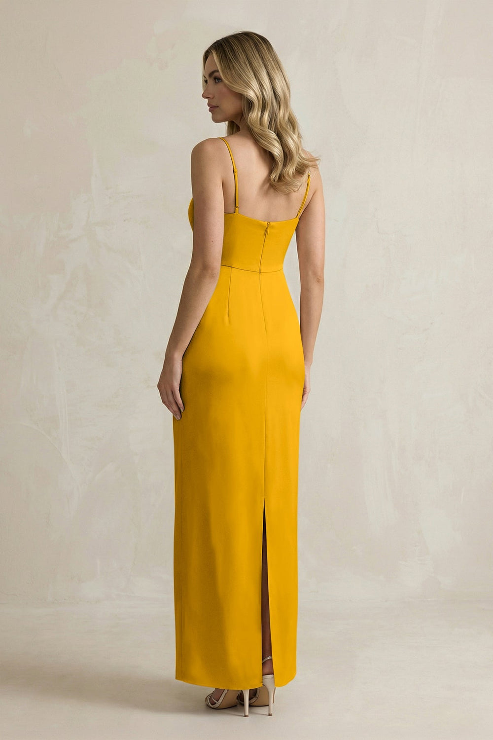Sheath Spaghetti Straps Satin Bridesmaid Dress in Marigold - KISS BRIDAL Bridesmaid Dresses