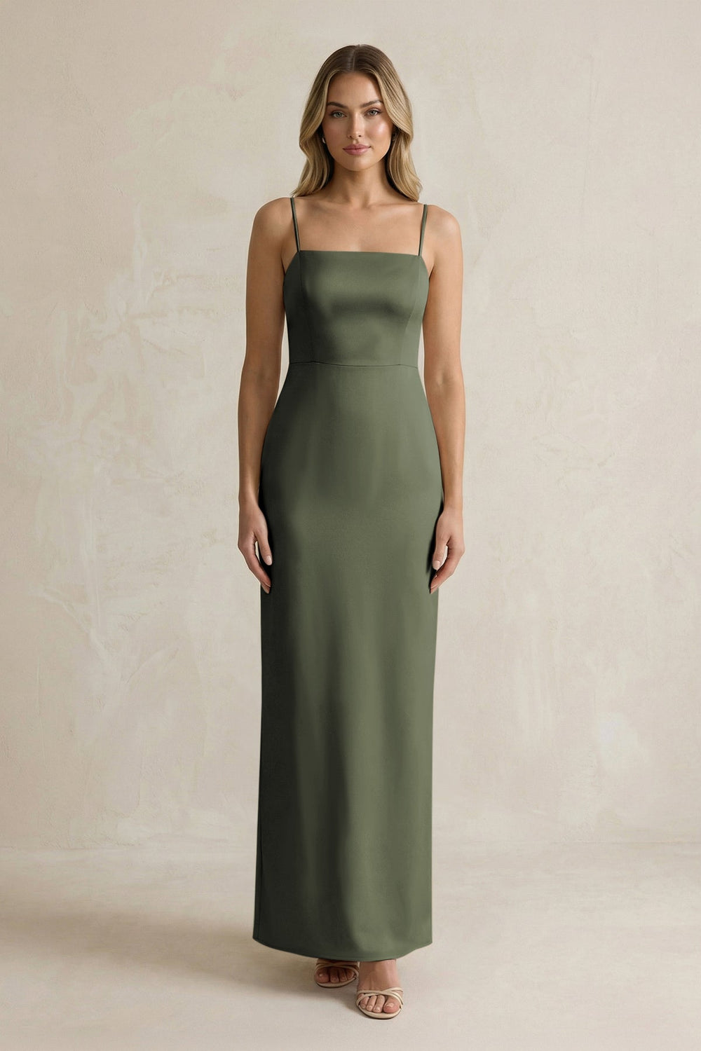 Sheath Spaghetti Straps Satin Bridesmaid Dress in Olive - KISS BRIDAL Bridesmaid Dresses