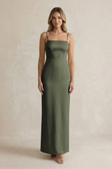 Sheath Spaghetti Straps Satin Bridesmaid Dress in Olive - KISS BRIDAL Bridesmaid Dresses