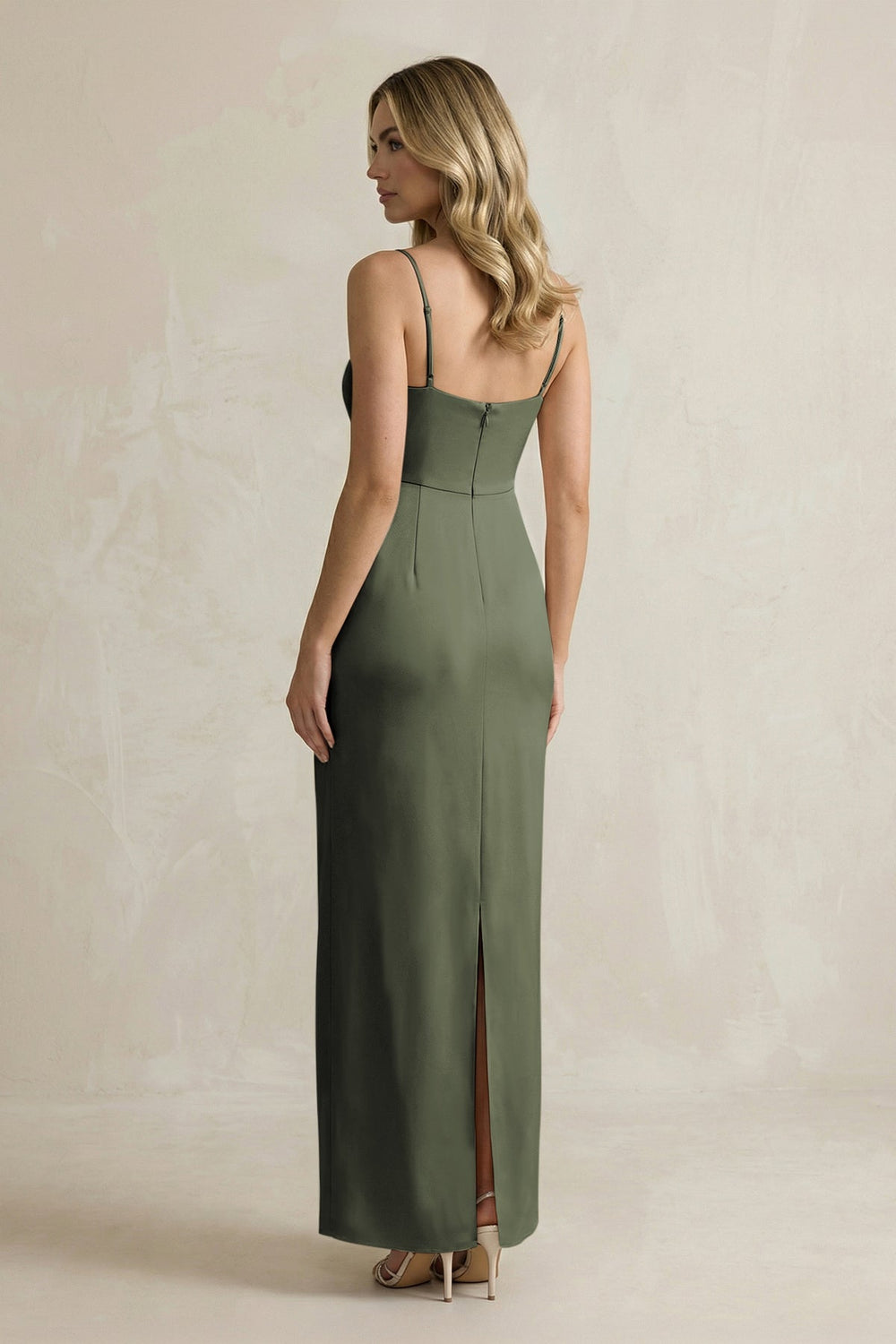 Sheath Spaghetti Straps Satin Bridesmaid Dress in Olive - KISS BRIDAL Bridesmaid Dresses