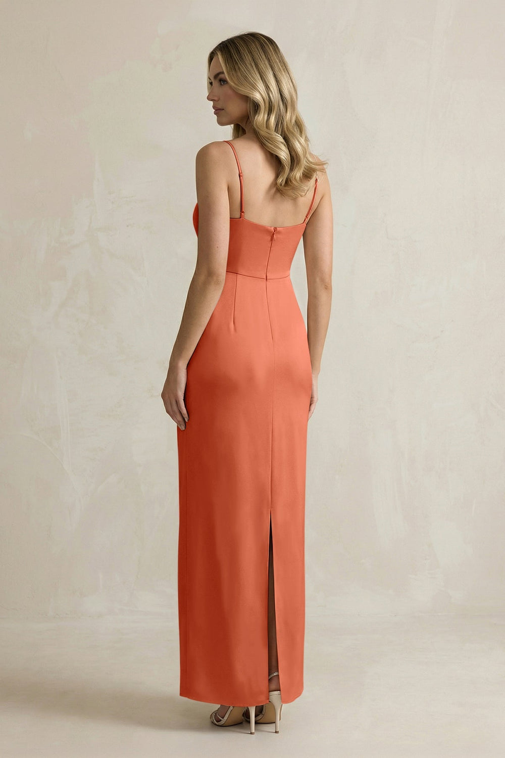 Sheath Spaghetti Straps Satin Bridesmaid Dress in Terracotta - KISS BRIDAL Bridesmaid Dresses
