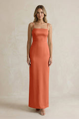 Sheath Spaghetti Straps Satin Bridesmaid Dress in Terracotta - KISS BRIDAL Bridesmaid Dresses