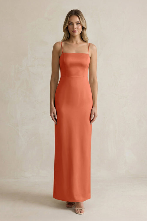 Sheath Spaghetti Straps Satin Bridesmaid Dress in Terracotta - KISS BRIDAL Bridesmaid Dresses