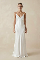 Sheath Spaghetti Straps V - Neck Wedding Dress in White - KISS BRIDAL Wedding Dresses