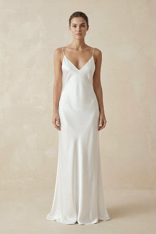 Sheath Spaghetti Straps V - Neck Wedding Dress in White - SHE IS ME Wedding Dresses