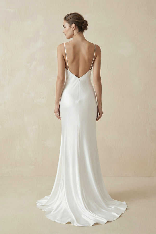 Sheath Spaghetti Straps V - Neck Wedding Dress in White - SHE IS ME Wedding Dresses