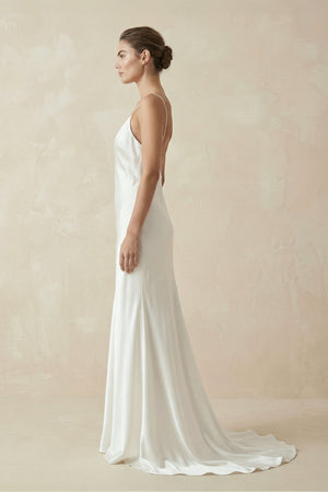 Sheath Spaghetti Straps V - Neck Wedding Dress in White - SHE IS ME Wedding Dresses