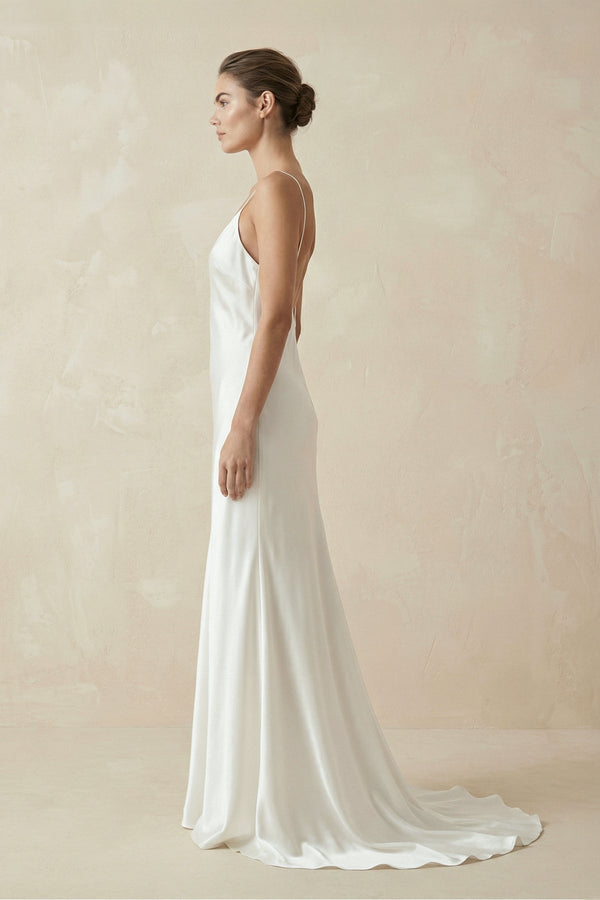 Sheath Spaghetti Straps V - Neck Wedding Dress in White - SHE IS ME Wedding Dresses