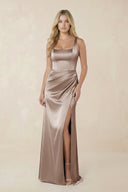 Sheath Square Neck Ruched Satin Bridesmaid Dress in Almond - KISS BRIDAL Bridesmaid Dresses
