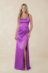 Sheath Square Neck Ruched Satin Bridesmaid Dress in Amethyst - KISS BRIDAL Bridesmaid Dresses