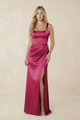 Sheath Square Neck Ruched Satin Bridesmaid Dress in Berry - KISS BRIDAL Bridesmaid Dresses