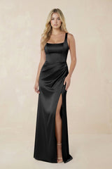 Sheath Square Neck Ruched Satin Bridesmaid Dress in Black - KISS BRIDAL Bridesmaid Dresses