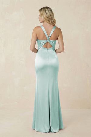Sheath Square Neck Ruched Satin Bridesmaid Dress in Bleached Aqua - KISS BRIDAL Bridesmaid Dresses
