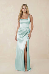 Sheath Square Neck Ruched Satin Bridesmaid Dress in Bleached Aqua - KISS BRIDAL Bridesmaid Dresses
