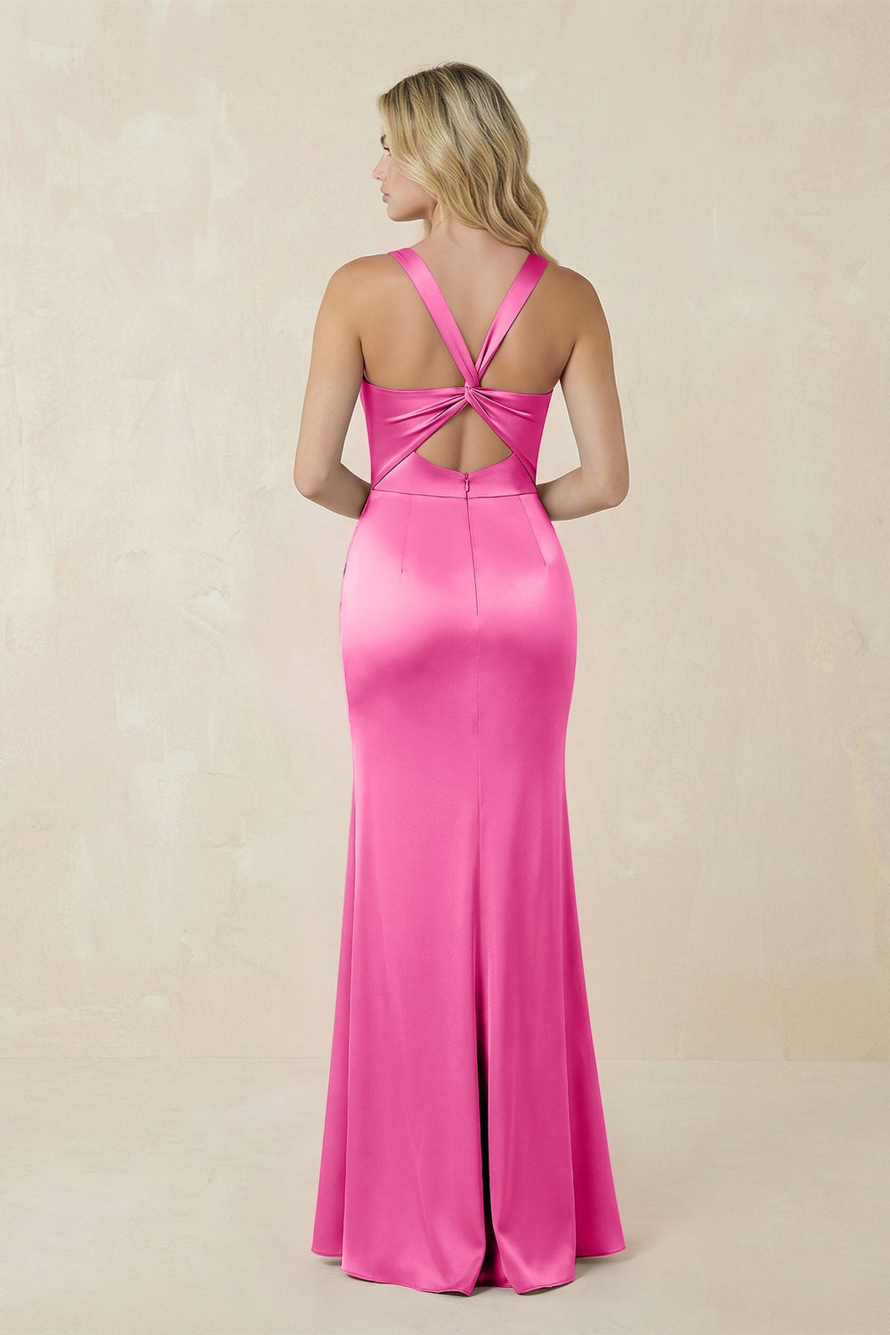 Sheath Square Neck Ruched Satin Bridesmaid Dress in Bon Bon Pink - KISS BRIDAL Bridesmaid Dresses