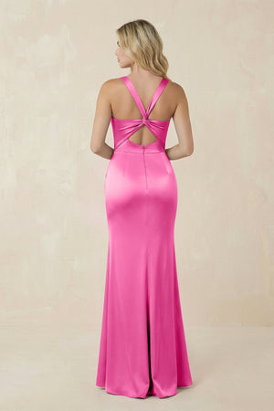 Sheath Square Neck Ruched Satin Bridesmaid Dress in Bon Bon Pink - KISS BRIDAL Bridesmaid Dresses
