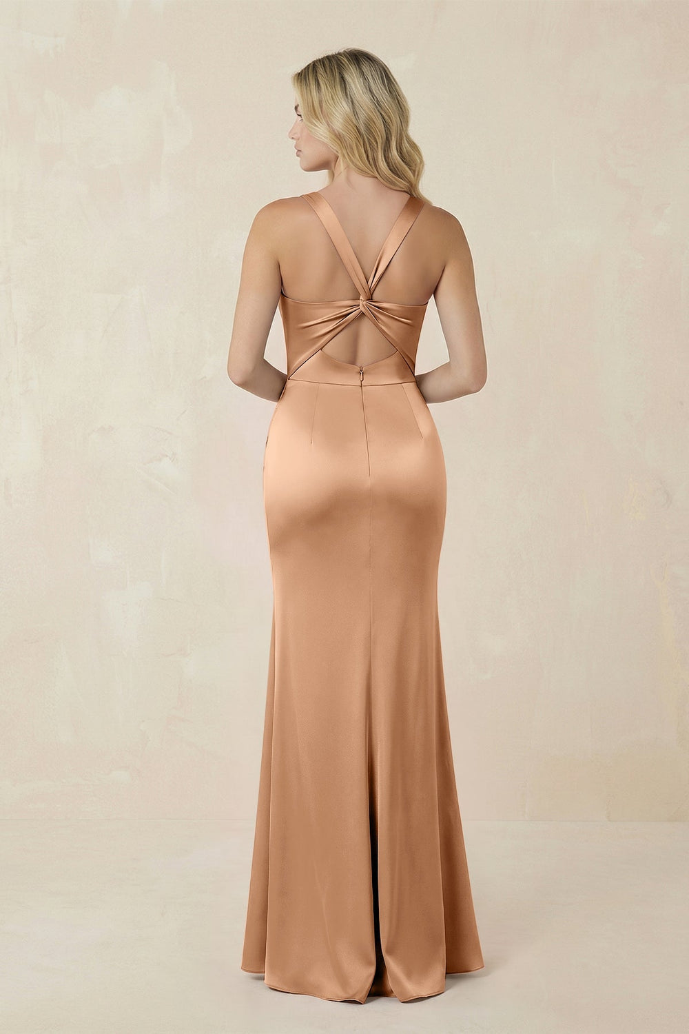Sheath Square Neck Ruched Satin Bridesmaid Dress in Bronzer - KISS BRIDAL Bridesmaid Dresses