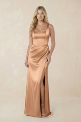 Sheath Square Neck Ruched Satin Bridesmaid Dress in Bronzer - KISS BRIDAL Bridesmaid Dresses