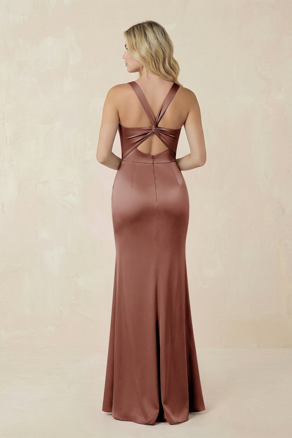 Sheath Square Neck Ruched Satin Bridesmaid Dress in Brown - KISS BRIDAL Bridesmaid Dresses