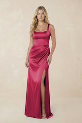 Sheath Square Neck Ruched Satin Bridesmaid Dress in Burgundy - KISS BRIDAL Bridesmaid Dresses