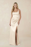 Sheath Square Neck Ruched Satin Bridesmaid Dress in Buttercream - KISS BRIDAL Bridesmaid Dresses