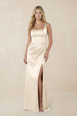 Sheath Square Neck Ruched Satin Bridesmaid Dress in Buttercream - KISS BRIDAL Bridesmaid Dresses
