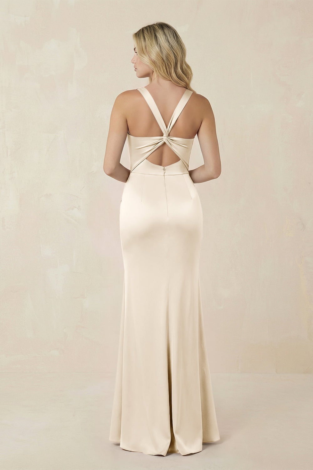 Sheath Square Neck Ruched Satin Bridesmaid Dress in Buttercream - KISS BRIDAL Bridesmaid Dresses