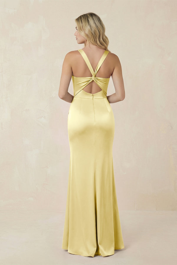 Sheath Square Neck Ruched Satin Bridesmaid Dress in Buttercup - KISS BRIDAL Bridesmaid Dresses