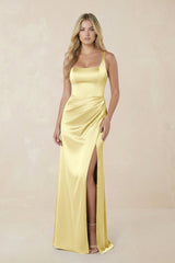 Sheath Square Neck Ruched Satin Bridesmaid Dress in Buttercup - KISS BRIDAL Bridesmaid Dresses