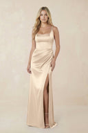 Sheath Square Neck Ruched Satin Bridesmaid Dress in Champagne - KISS BRIDAL Bridesmaid Dresses