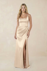 Sheath Square Neck Ruched Satin Bridesmaid Dress in Champagne - KISS BRIDAL Bridesmaid Dresses