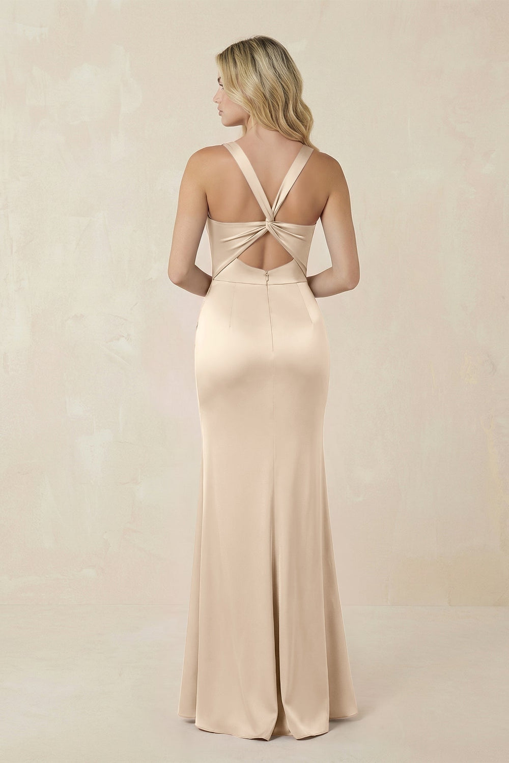 Sheath Square Neck Ruched Satin Bridesmaid Dress in Champagne - KISS BRIDAL Bridesmaid Dresses