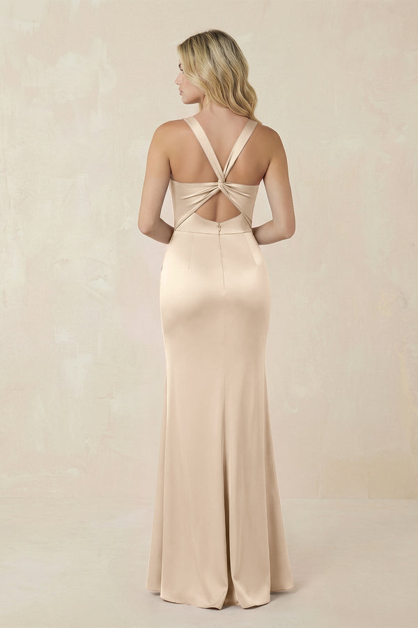 Sheath Square Neck Ruched Satin Bridesmaid Dress in Champagne - KISS BRIDAL Bridesmaid Dresses