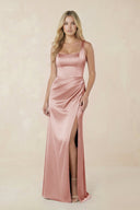 Sheath Square Neck Ruched Satin Bridesmaid Dress in Champagne Rose - KISS BRIDAL Bridesmaid Dresses