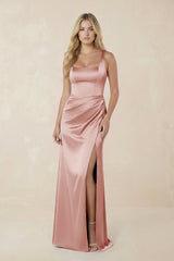 Sheath Square Neck Ruched Satin Bridesmaid Dress in Champagne Rose - KISS BRIDAL Bridesmaid Dresses