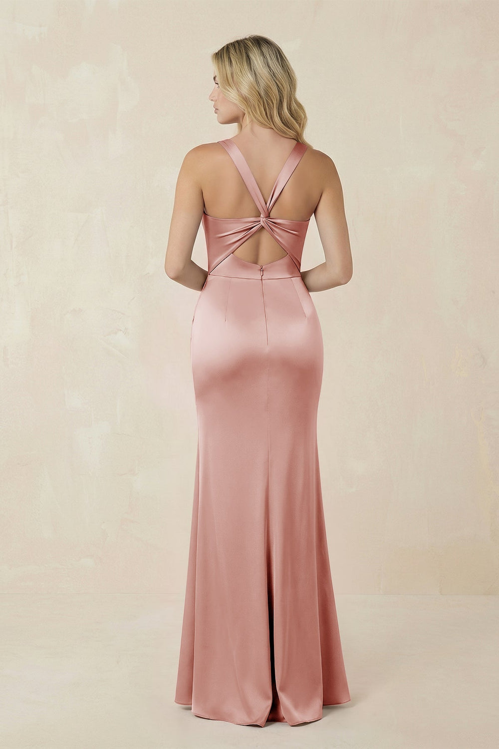Sheath Square Neck Ruched Satin Bridesmaid Dress in Champagne Rose - KISS BRIDAL Bridesmaid Dresses