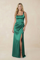 Sheath Square Neck Ruched Satin Bridesmaid Dress in Dark Green - KISS BRIDAL Bridesmaid Dresses