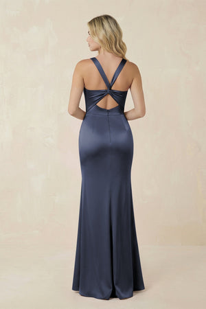 Sheath Square Neck Ruched Satin Bridesmaid Dress in Dark Navy - KISS BRIDAL Bridesmaid Dresses