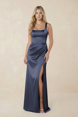 Sheath Square Neck Ruched Satin Bridesmaid Dress in Dark Navy - KISS BRIDAL Bridesmaid Dresses