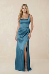 Sheath Square Neck Ruched Satin Bridesmaid Dress in Dark Teal - KISS BRIDAL Bridesmaid Dresses