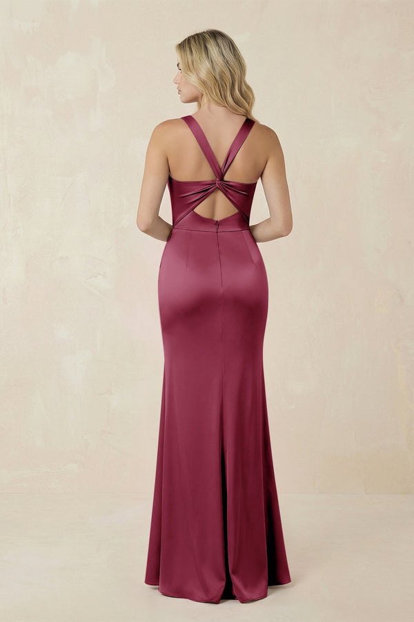 Sheath Square Neck Ruched Satin Bridesmaid Dress in Desert Rose - KISS BRIDAL Bridesmaid Dresses