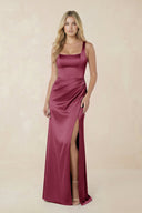 Sheath Square Neck Ruched Satin Bridesmaid Dress in Desert Rose - KISS BRIDAL Bridesmaid Dresses
