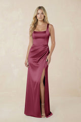 Sheath Square Neck Ruched Satin Bridesmaid Dress in Desert Rose - KISS BRIDAL Bridesmaid Dresses
