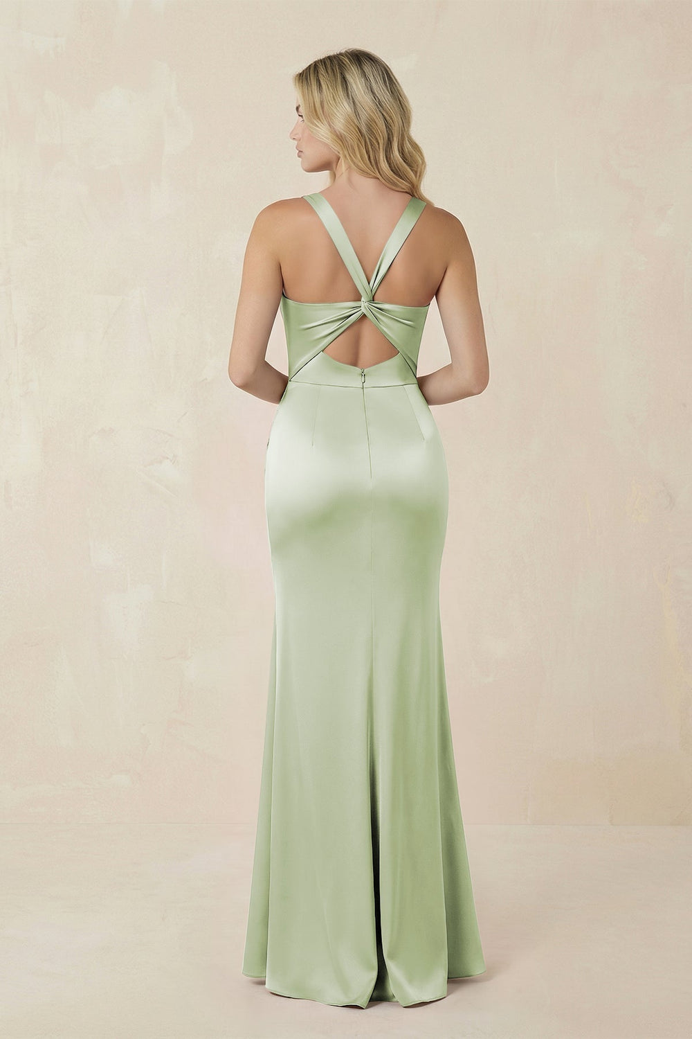 Sheath Square Neck Ruched Satin Bridesmaid Dress in Dusty Sage - KISS BRIDAL Bridesmaid Dresses