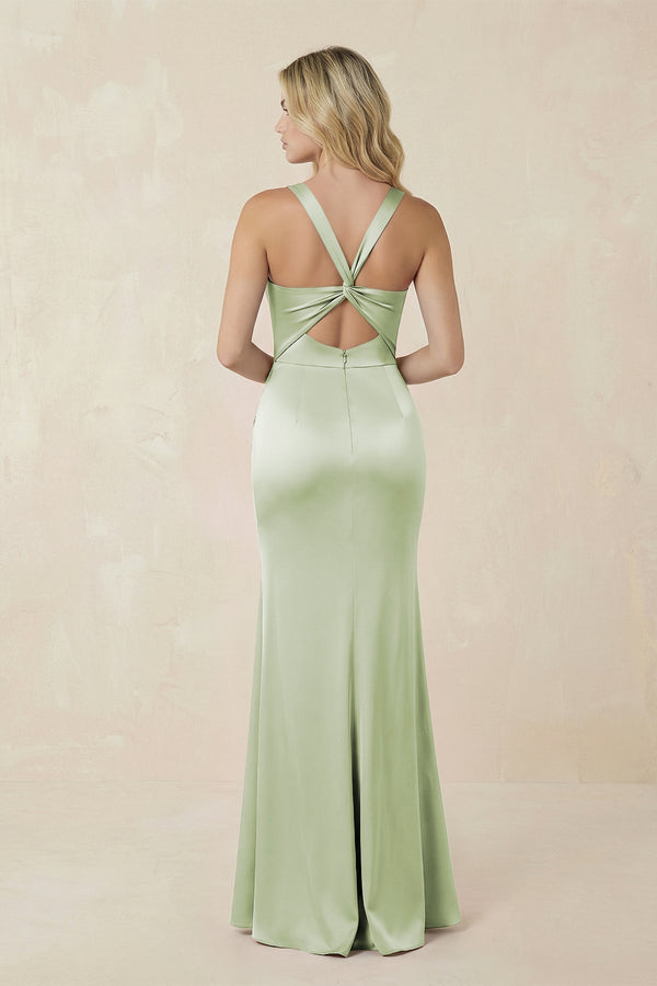 Sheath Square Neck Ruched Satin Bridesmaid Dress in Dusty Sage - KISS BRIDAL Bridesmaid Dresses