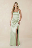 Sheath Square Neck Ruched Satin Bridesmaid Dress in Dusty Sage - KISS BRIDAL Bridesmaid Dresses