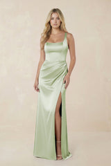 Sheath Square Neck Ruched Satin Bridesmaid Dress in Dusty Sage - KISS BRIDAL Bridesmaid Dresses