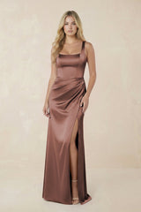 Sheath Square Neck Ruched Satin Bridesmaid Dress in Espresso - KISS BRIDAL Bridesmaid Dresses