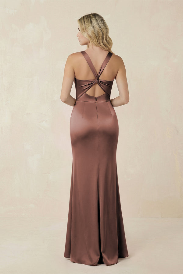 Sheath Square Neck Ruched Satin Bridesmaid Dress in Espresso - KISS BRIDAL Bridesmaid Dresses